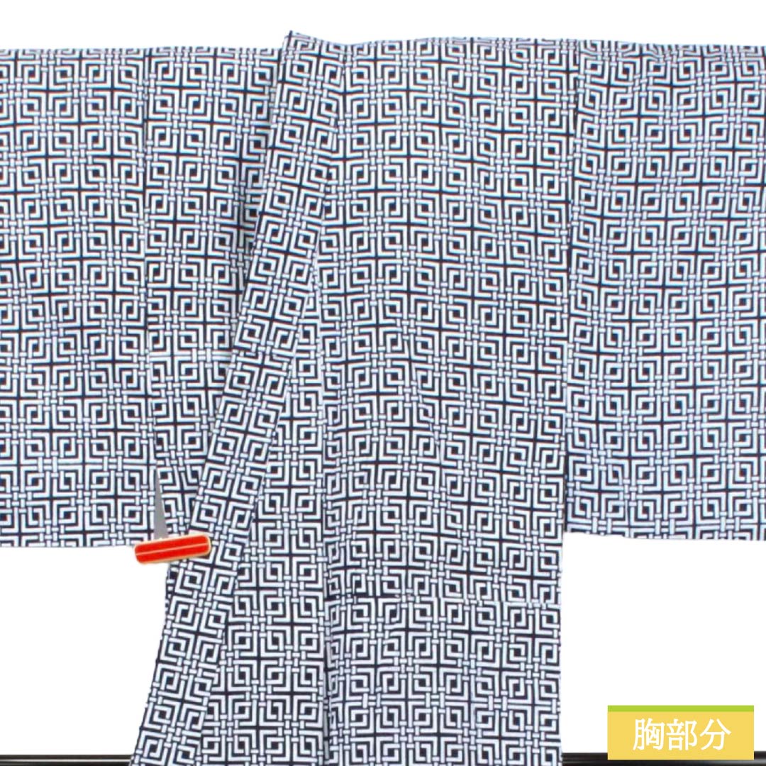 メンズ浴衣 木綿 Aランク 身丈143.5cm 裄丈65.5cm 濃紺色（のうこんいろ） 幾何学模様 居敷当て付き 単衣 紺系 1138000733418