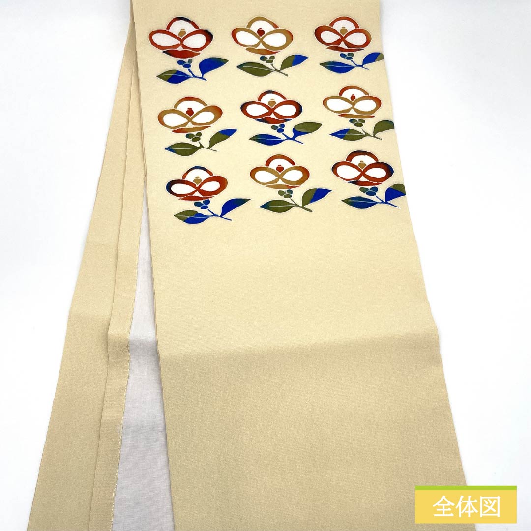 名古屋帯 ポリエステル Sランク 鳥の子色（とりのこいろ） 型染 ちりめん地 椿 帯丈372cm ポイント柄 カジュアル クリーム系 1124010812315 開き仕立て