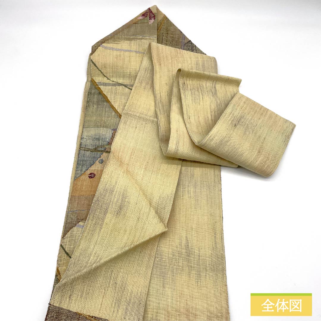 名古屋帯 鳥の子色（とりのこいろ） 紬地 抽象花模様 幾何学模様 帯丈368cm 正絹 Sランク 六通 カジュアル ベージュ系 1124008232325 名古屋仕立て