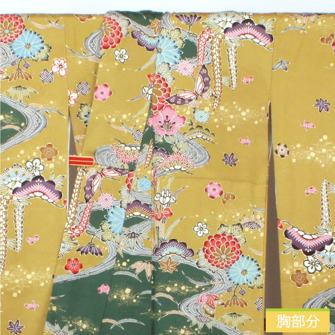 振袖 正絹 Aランク 身丈168cm 裄丈68cm 袷 菜種油色（なたねあぶらいろ） 京友禅 紗綾形 慶長柄 綸子生地 黄系 1113002523523