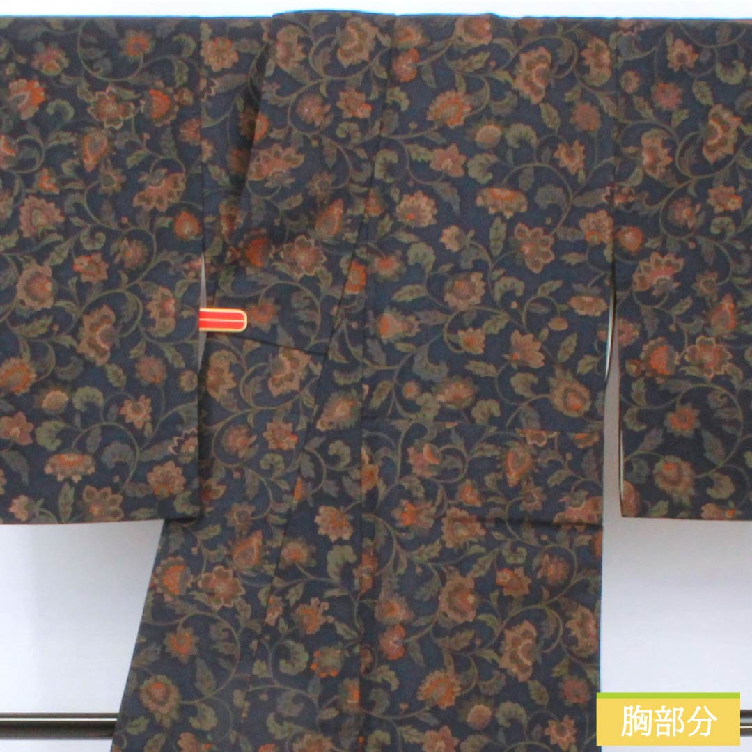 小紋 正絹 身丈160cm 裄丈63cm 袷 濃紺色（のうこんいろ） 更紗模様 Sランク 紺系 1115005282418