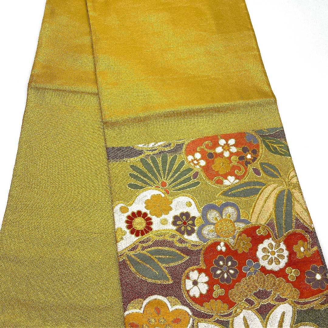 袋帯 振袖用 梅 松 花唐草 帯丈436cm 正絹 Aランク 六通 フォーマル グラデーション系 1123006183399