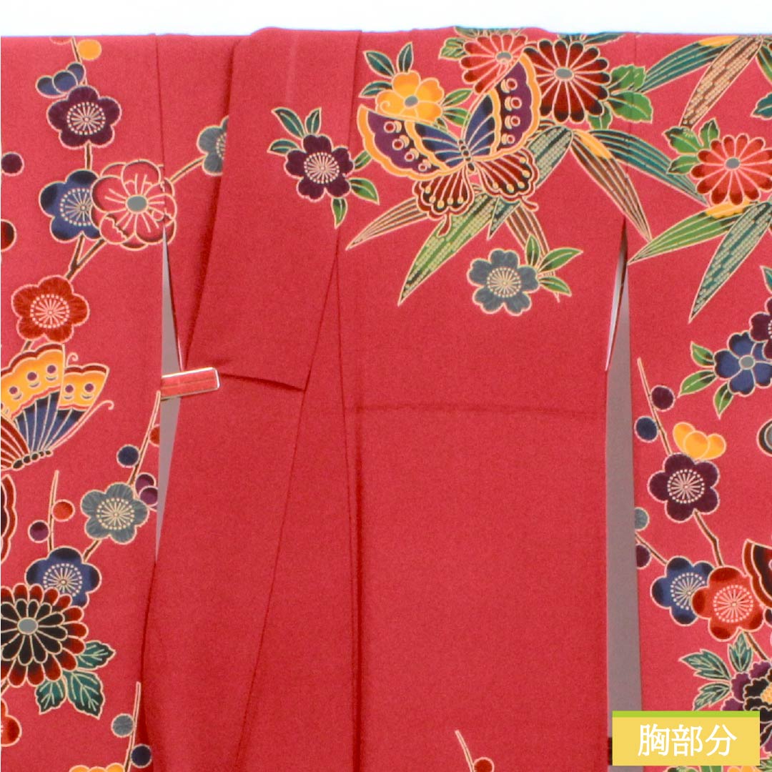 Silk Furisode, Rank A, Length 164cm, Sleeve-to-sleeve 69cm, Lined, Deep Crimson, Kyo-Yuzen, Auspicious Patterns, Red Tones, 1113002963412