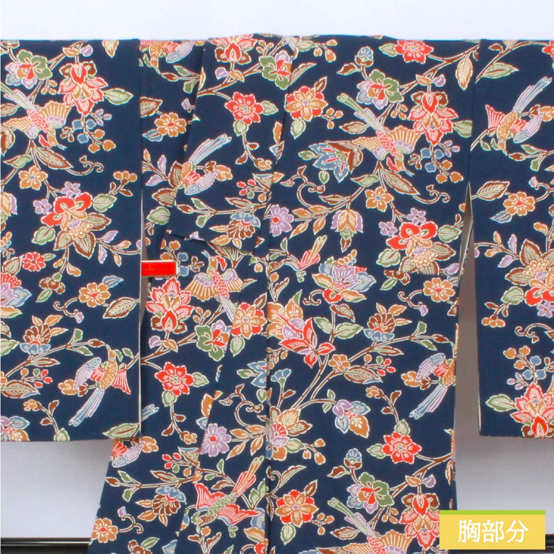 小紋 正絹 Sランク 身丈163cm 裄丈67cm 袷 紺色（こんいろ） 京紅型 草花 鳥 紺系 1115007092418