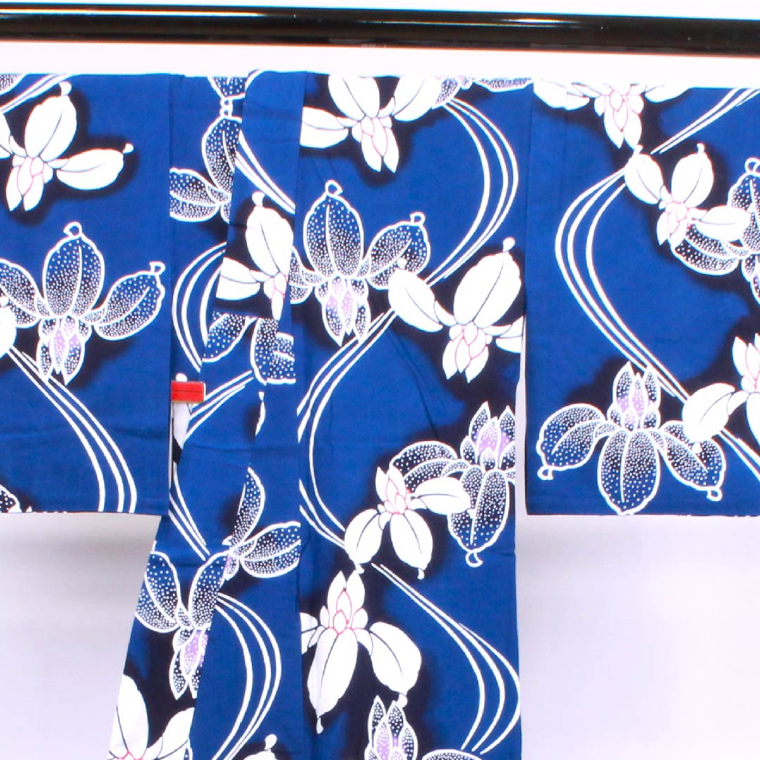 夏着物＊付下げ 絽 紅白菖蒲の花模様 青色 正絹 舞台衣装にも＊6SA12 リサイクル着物】浴衣 紺桔梗色 菖蒲 木綿 Sランク 単衣 身丈147cm 青