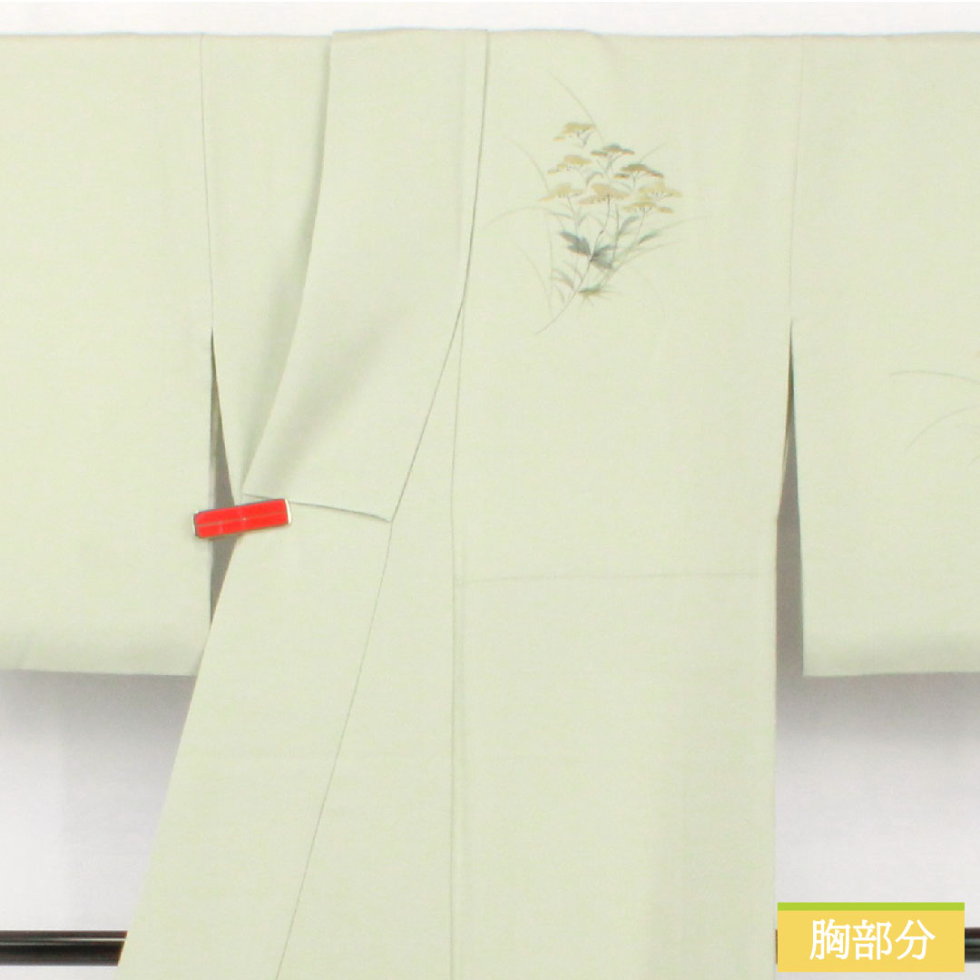 訪問着 正絹 袷 身丈155cm 裄丈65cm 白緑色（びゃくろくいろ） 草花模様 スコッチガード 付下げ Aランク 水色系 1112005453324