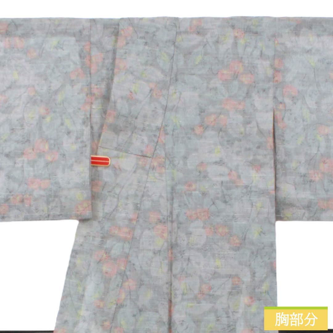 夏物 ポリエステル 紬 Aランク 身丈149cm 裄丈64cm 錫色（すずいろ） 洗える着物 草花模様 紗 グレー系 1132007043122