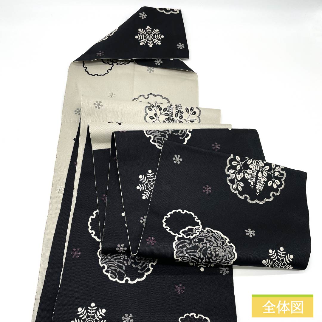 Nagoya Obi, Polyester, S-Rank, Snow Ring, Snow Crystal, and Ranchrysanthemum Designs, Length 369cm, Full Length, Casual, Black, 1124010862310, Pine Needle Stitching