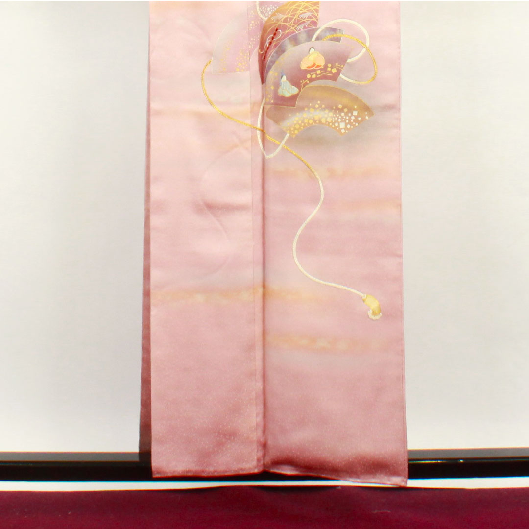 訪問着 袷 身丈157cm 裄丈64cm 退紅色 人間国宝 福田喜重 刺繍 人物模様 正絹 Sランク ピンク系 1112001892313