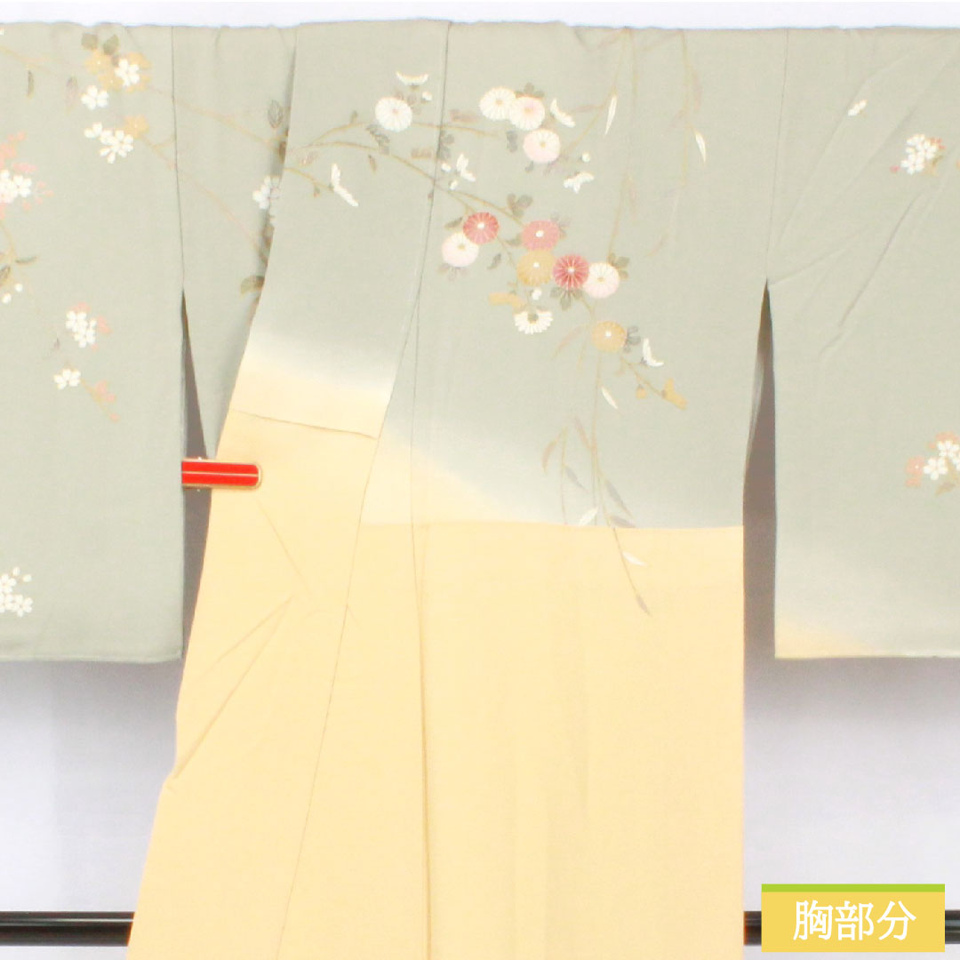 訪問着 正絹 袷 身丈165.5cm 裄丈66.5cm 東京白茶色（とうきょうしらちゃいろ） 青磁色（せいじいろ） 京友禅 草花模様 Sランク グラデーション系 1112005722599