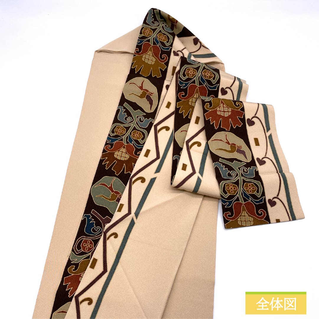 名古屋帯 翁茶色（おきなちゃいろ） 染め帯 鳥 抽象花 帯丈358cm 正絹 Sランク 全通 カジュアル ピンク系 1124008052313 名古屋仕立て