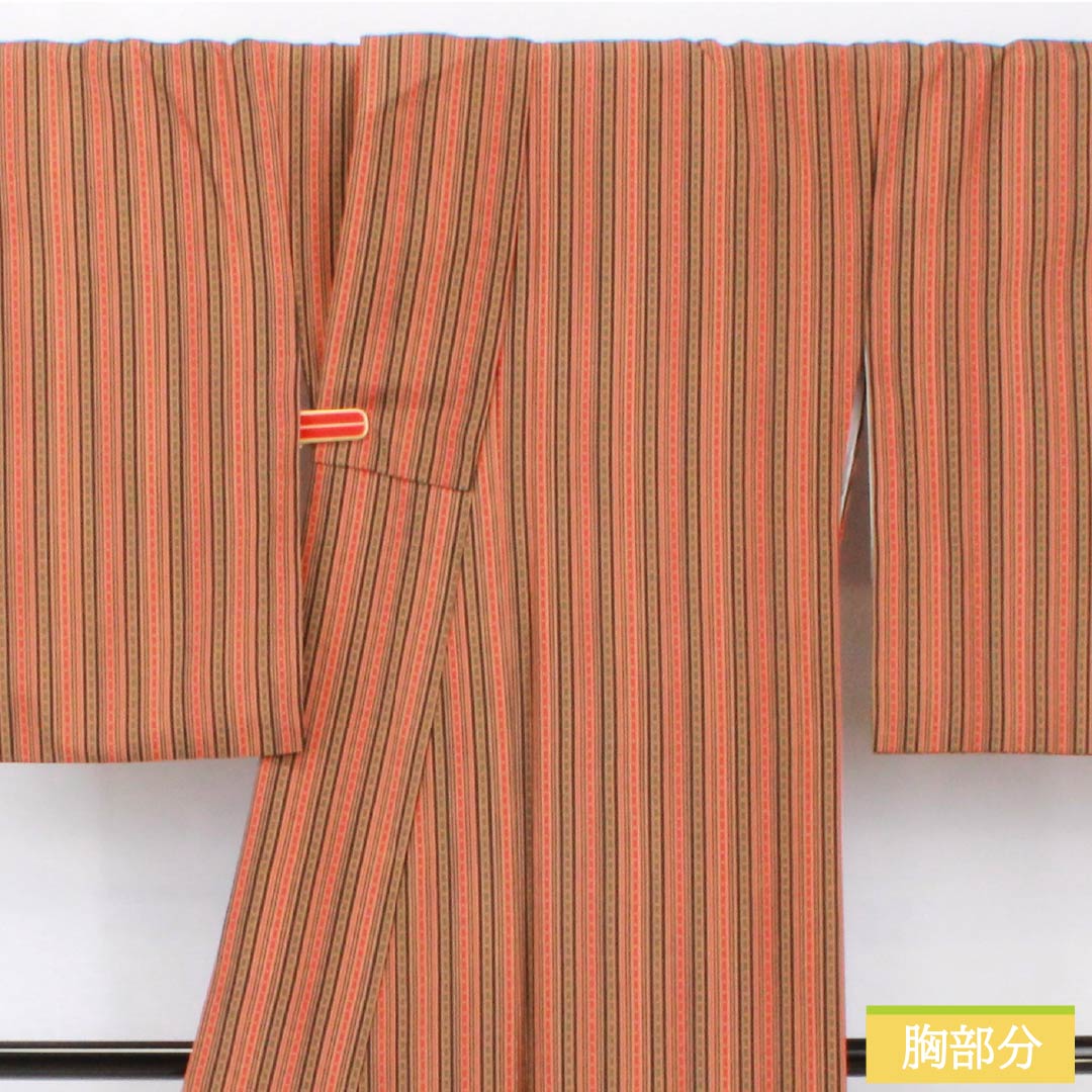 小紋 ポリエステル 身丈162.5cm 裄丈65.5cm 袷 縞 洗える着物 Sランク ベージュ系 1115005502425