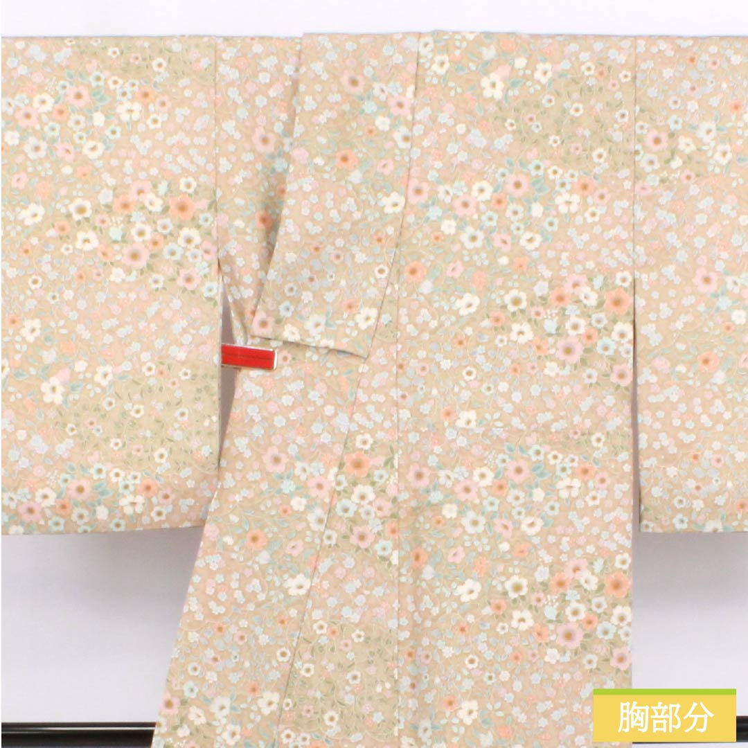 Komon (small pattern) polyester kimono, S rank, length 154cm, sleeve length 63cm, lined, Kouiro (scented color) stencil dyed floral pattern, washable, beige, 1115006532225