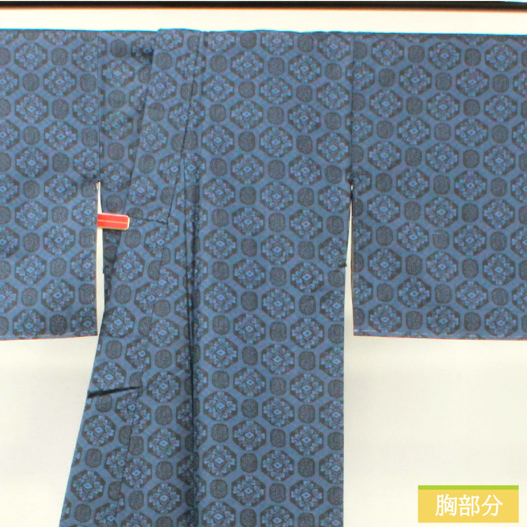 村山大島 正絹 身丈153cm 裄丈63cm  抽象模様 しつけ糸付き 未使用品 Sランク 袷 紺系 1116003162218