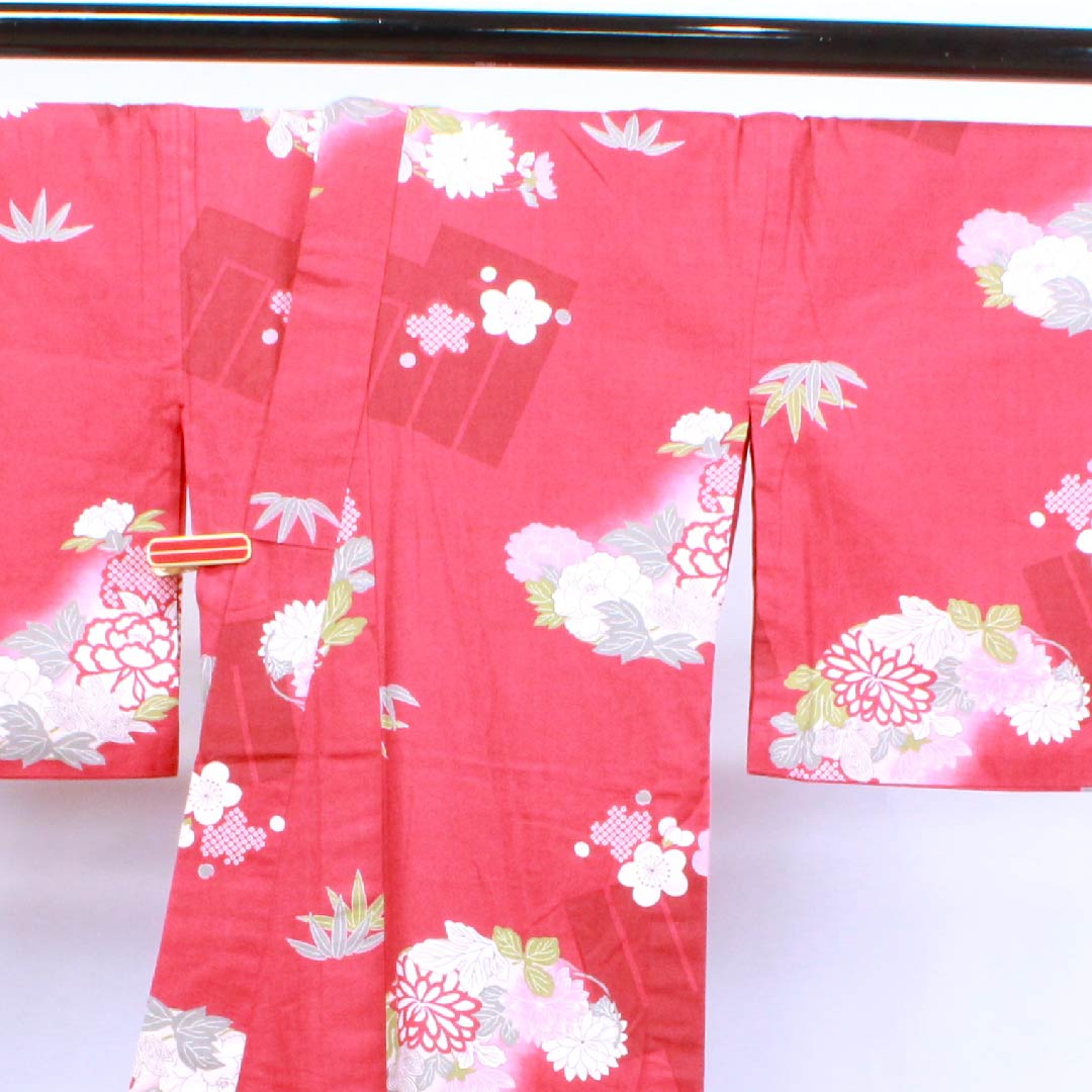 浴衣 蘇芳色 梅 牡丹 菊 木綿 Sランク 単衣 身丈163.5cm 裄丈67cm 朱系 1118004242416