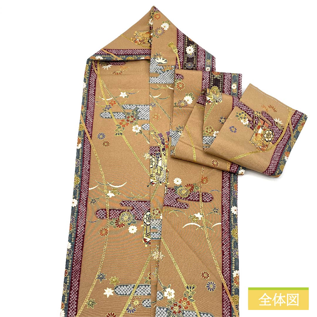 名古屋帯 浅杉染色（あさすぎそめいろ） 御所車 菊 桜 帯丈355cm 正絹 Sランク 全通 セミフォーマル ベージュ系 1124006532325 名古屋仕立て