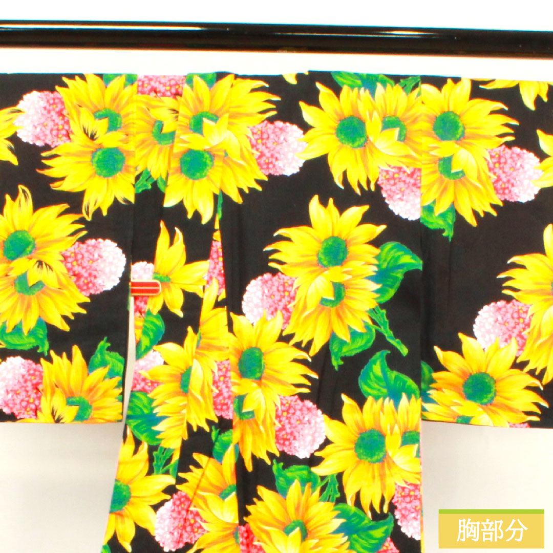 Yukata Cotton Length 165cm Sleeve length 69cm S rank Single layer Black Sunflower Hydrangea KENZO 1118004732510