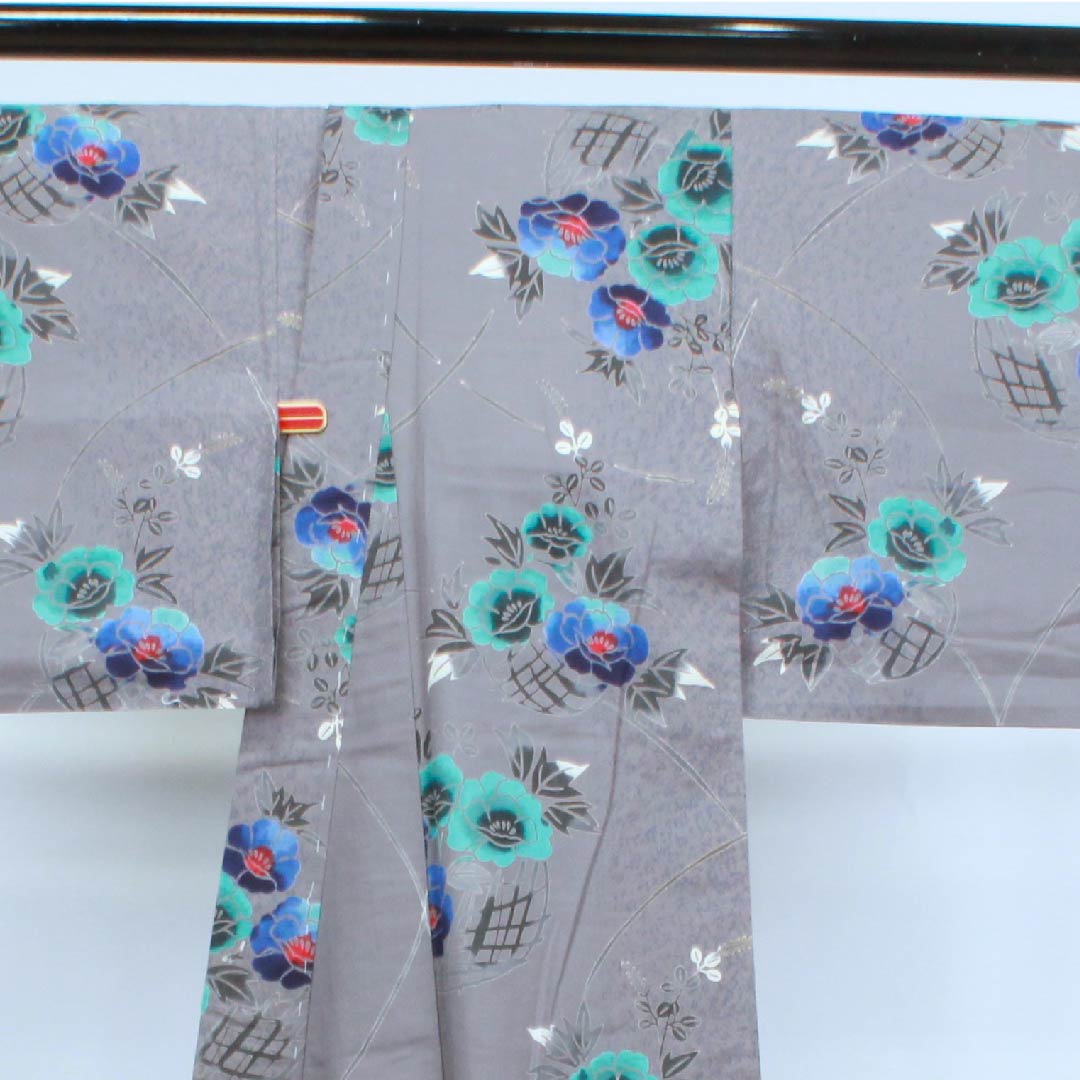 浴衣 鼠志野色 牡丹 萩 木綿 Sランク 単衣 身丈157.5cm 裄丈64.5cm グレー系 1118004082322