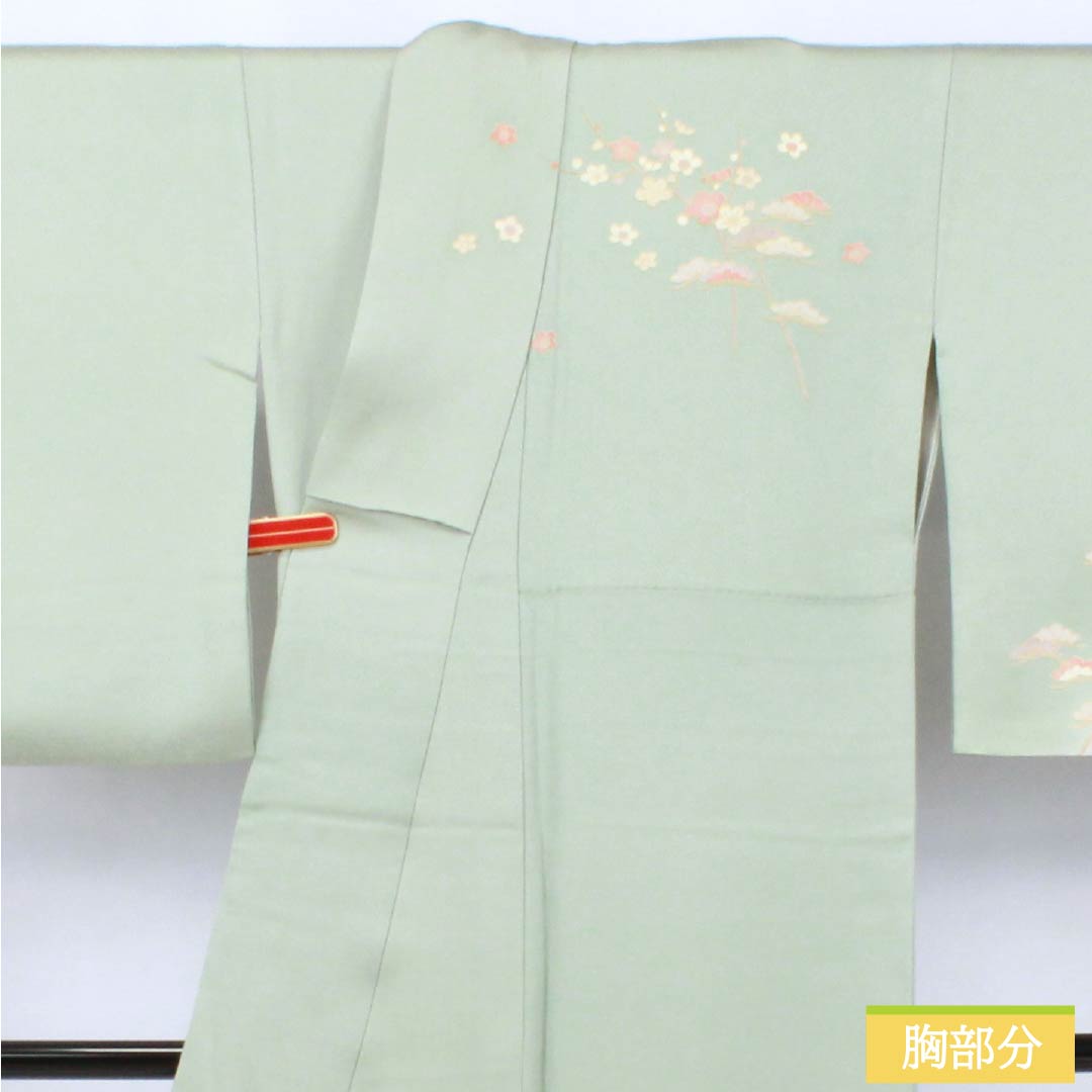 訪問着 正絹 Sランク 袷 身丈161cm 裄丈64cm 百緑色（びゃくろくいろ） 京友禅 草花 三松シルクケア 緑系 1112006222419