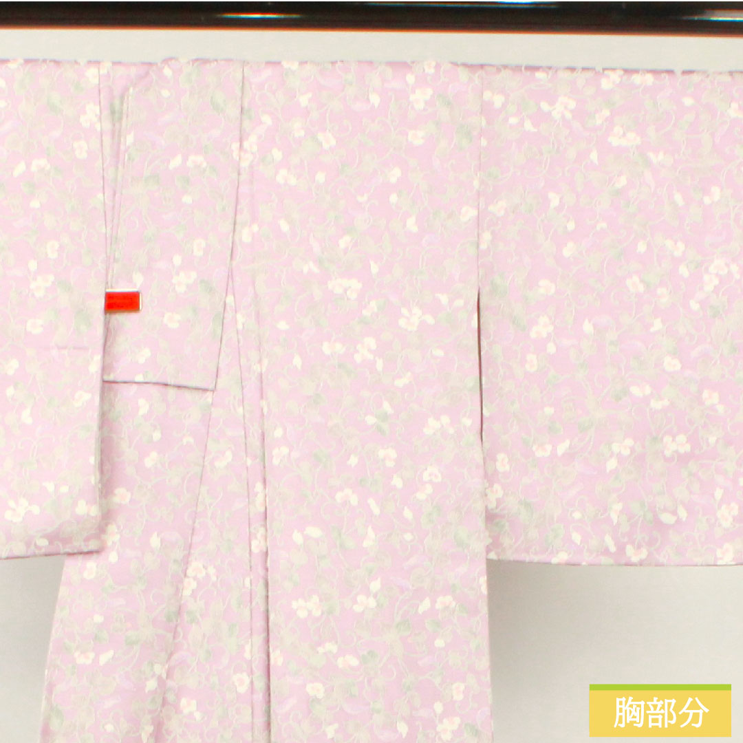 小紋 正絹 身丈153cm 裄丈63.5cm 袷 淡紅藤色（うすべにふじいろ） 草花模様 しつけ糸付き 未使用品 パールトーン加工 Sランク 紫系 1115004362220