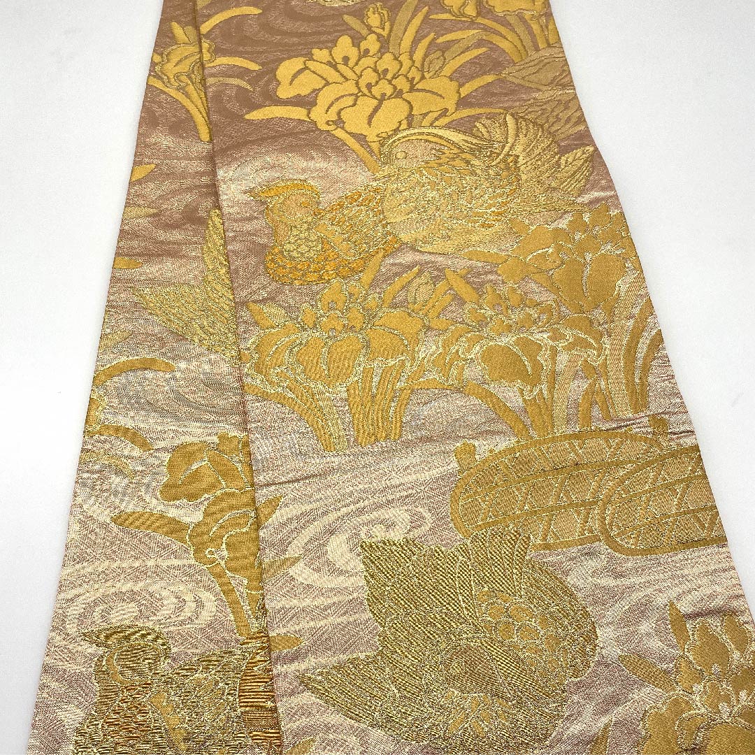 袋帯 乙女色 佐賀錦 鴛鴦 杜若 帯丈443cm 正絹 Sランク 全通 フォーマル ピンク系 1123005652313