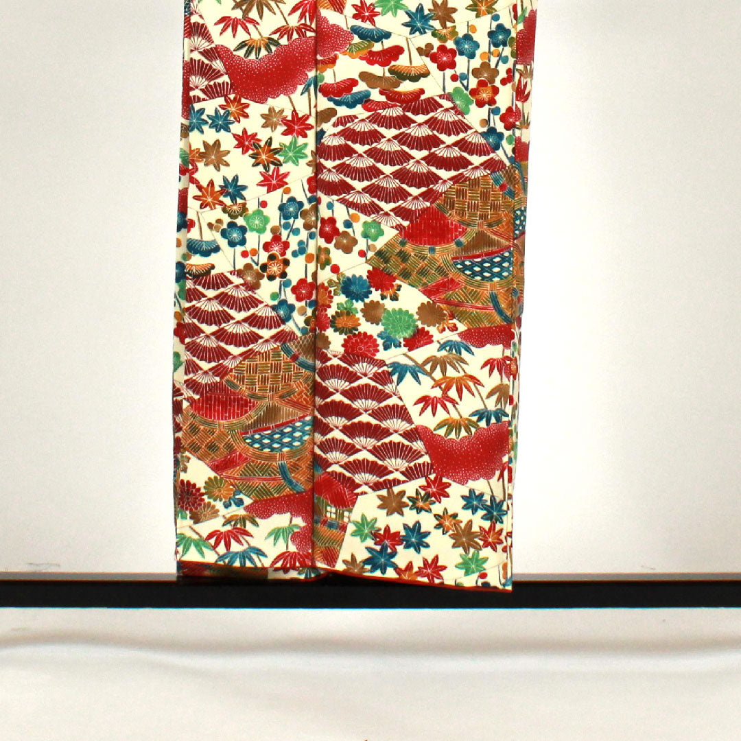 小紋 身丈156cm 裄丈64cm 袷  型染 松竹梅 吉祥文様  正絹 Sランク クリーム系 1115001722315