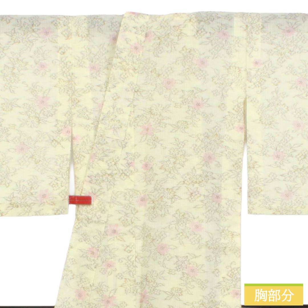 夏物 ポリエステル 紬 Aランク 身丈158.5cm 裄丈63cm 白百合色（しらゆりいろ） 洗える着物 草花模様 紗 黄系 1132007193323