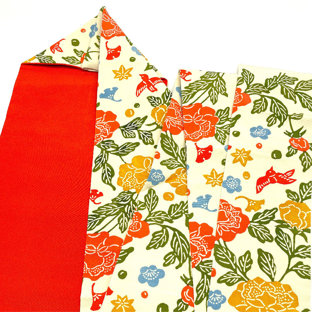 名古屋帯 型染 染め帯 花鳥模様 帯丈378cm 正絹 Aランク 全通 カジュアル クリーム系 1124002033315