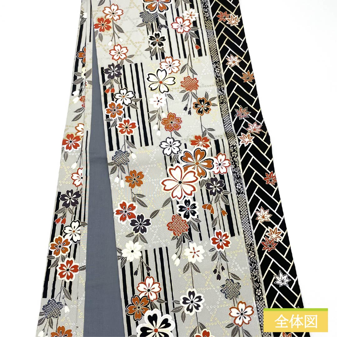 Nagoya Obi, Polyester, Grade A, White-Gray, Dyed, Classic Cherry Blossom Pattern, 360cm Long, Full Length, Semi-Formal, Gray, Item Number: 1124010883322, Open-Leg Style