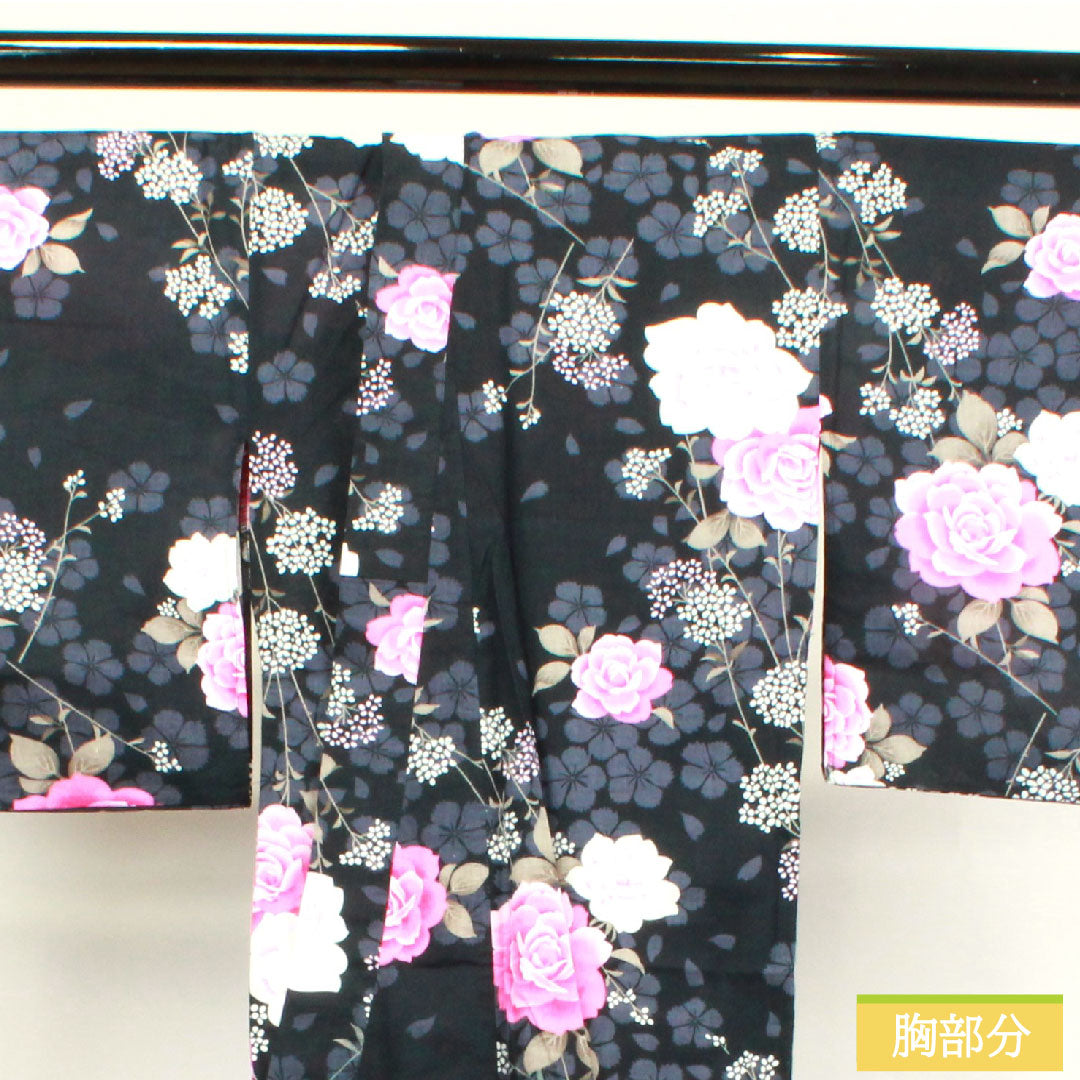 Yukata Cotton Length 159cm Sleeve length 64.5cm B rank Single layer Black Rose Gypsophila Cherry blossom 1118004554310