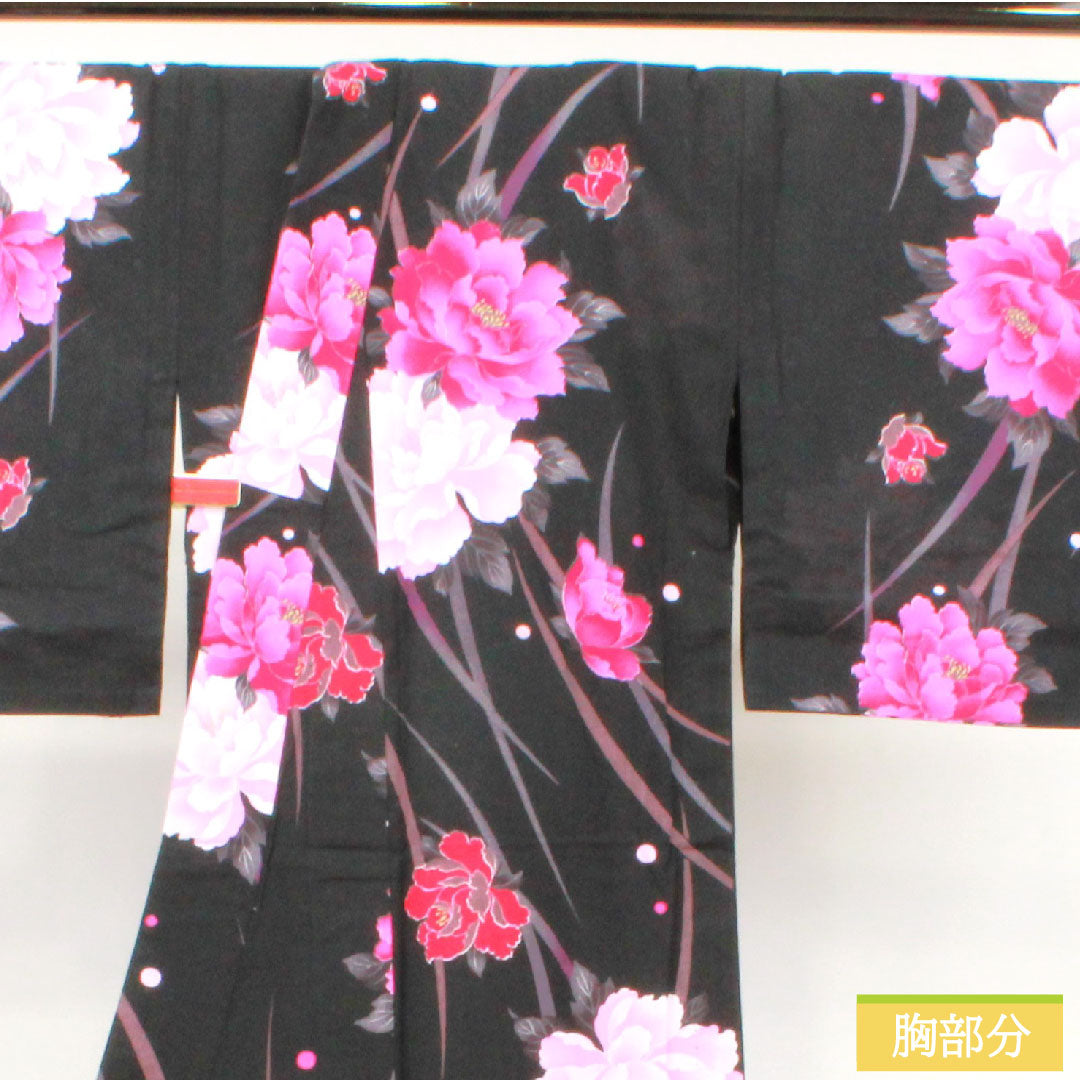 浴衣 木綿 身丈159.5cm 裄丈67cm Sランク 単衣 黒系 牡丹 1118005212310