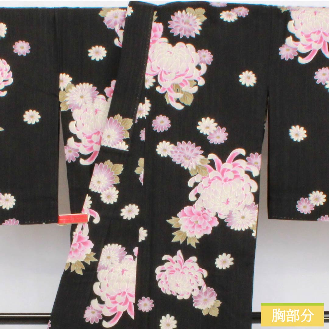 浴衣 木綿 身丈164cm 裄丈69.5cm Sランク 単衣 黒系 菊 1118006282410