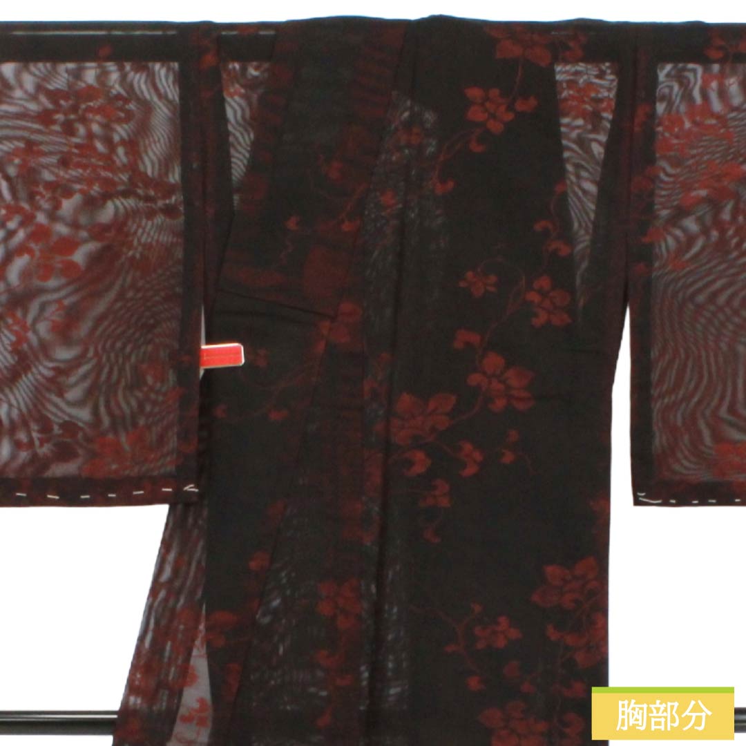 夏物 正絹 お召 Sランク 身丈157.5cm 裄丈64.5cm 海老色（えびいろ） 草花模様 紗 赤系 1132004422312