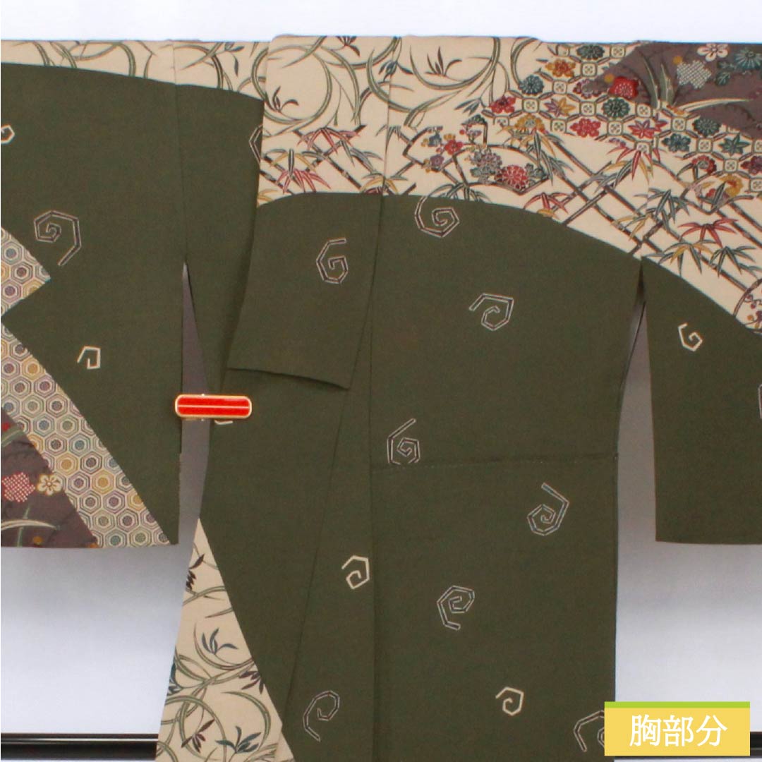 訪問着 正絹 Sランク 袷 身丈168cm 裄丈69.5cm 藍海松茶色（あいみるちゃいろ） 京紅型 紅型調 草花 渦巻き 緑系 1112006652519