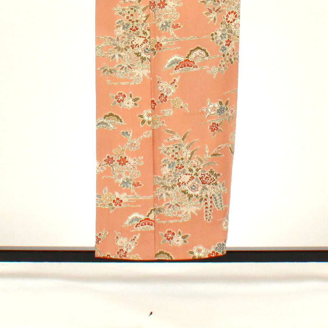 小紋 身丈154cm 裄丈61.5cm 袷  松竹梅 花籠 帛紗付き  正絹 Sランク 茶系 1115002042214