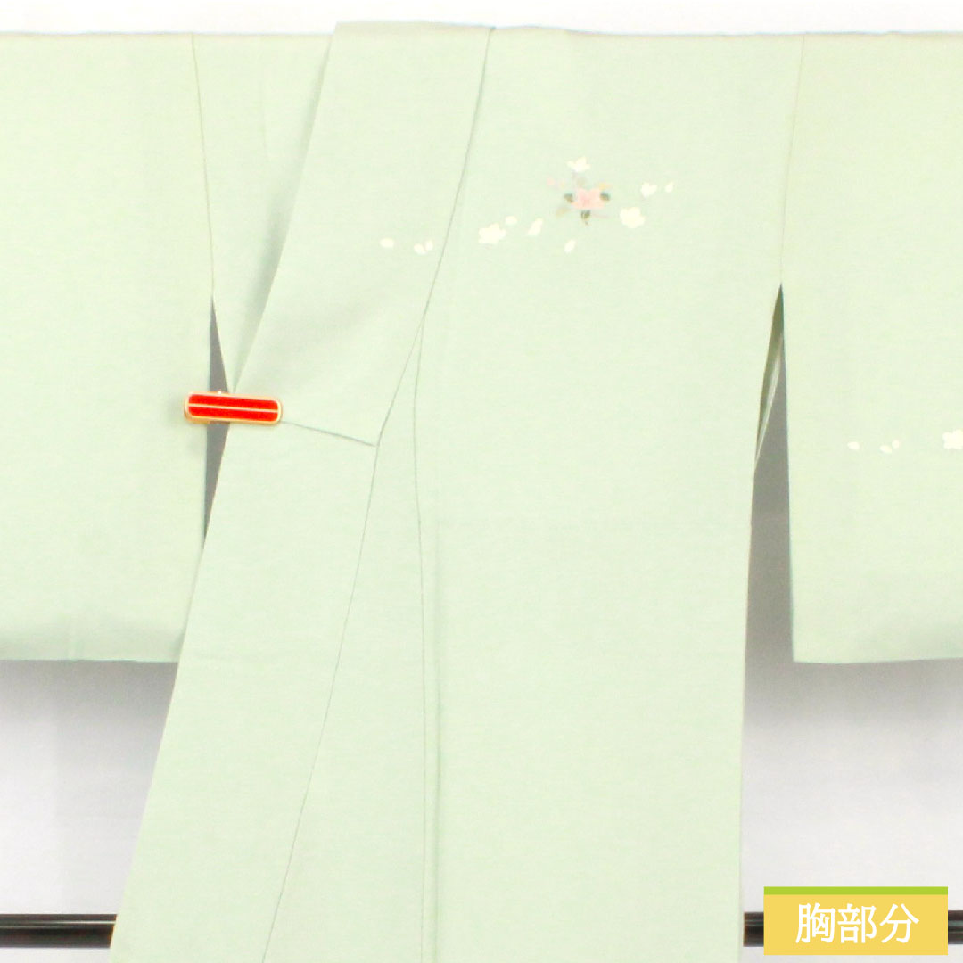 訪問着 正絹 袷 身丈153cm 裄丈65.5cm 秘色（ひそく） 京友禅 桜 椿 菊 スーパーガード加工 Aランク 水色系 1112005503224