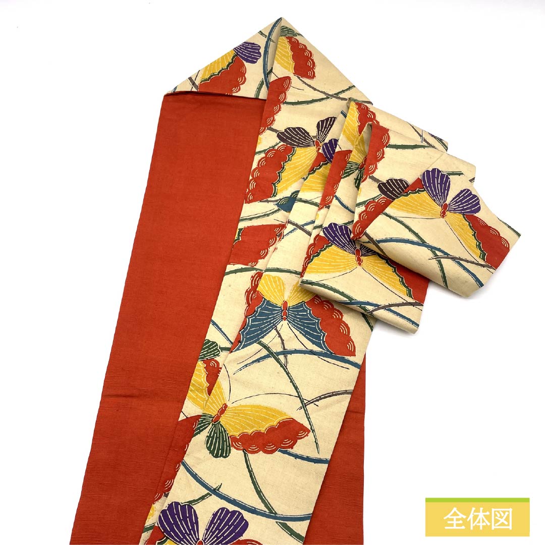 Nagoya Obi, Pure Silk, S-Rank, Torinoko Color, Stencil Dyed with Dew Grass and Butterfly Patterns, Length 365cm, Six-Ply, Casual, Beige, Product Number 1124009322325, Nagoya Style