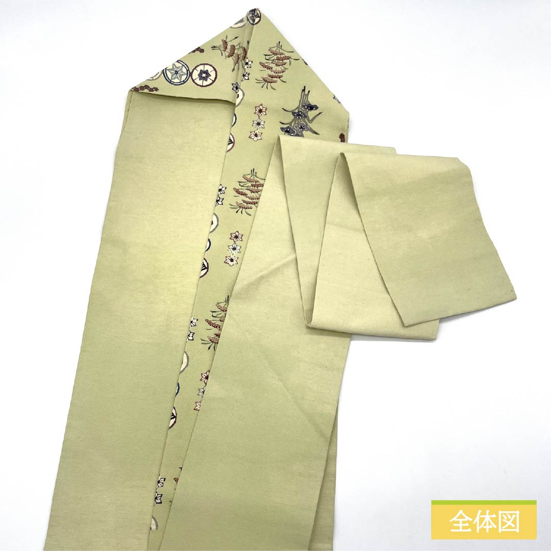 Nagoya obi, sulfur color, Kyoto Bingata, round crest, pine, obi length 341cm, pure silk, A rank, six-pass, casual, green, 1124007593319, Nagoya style
