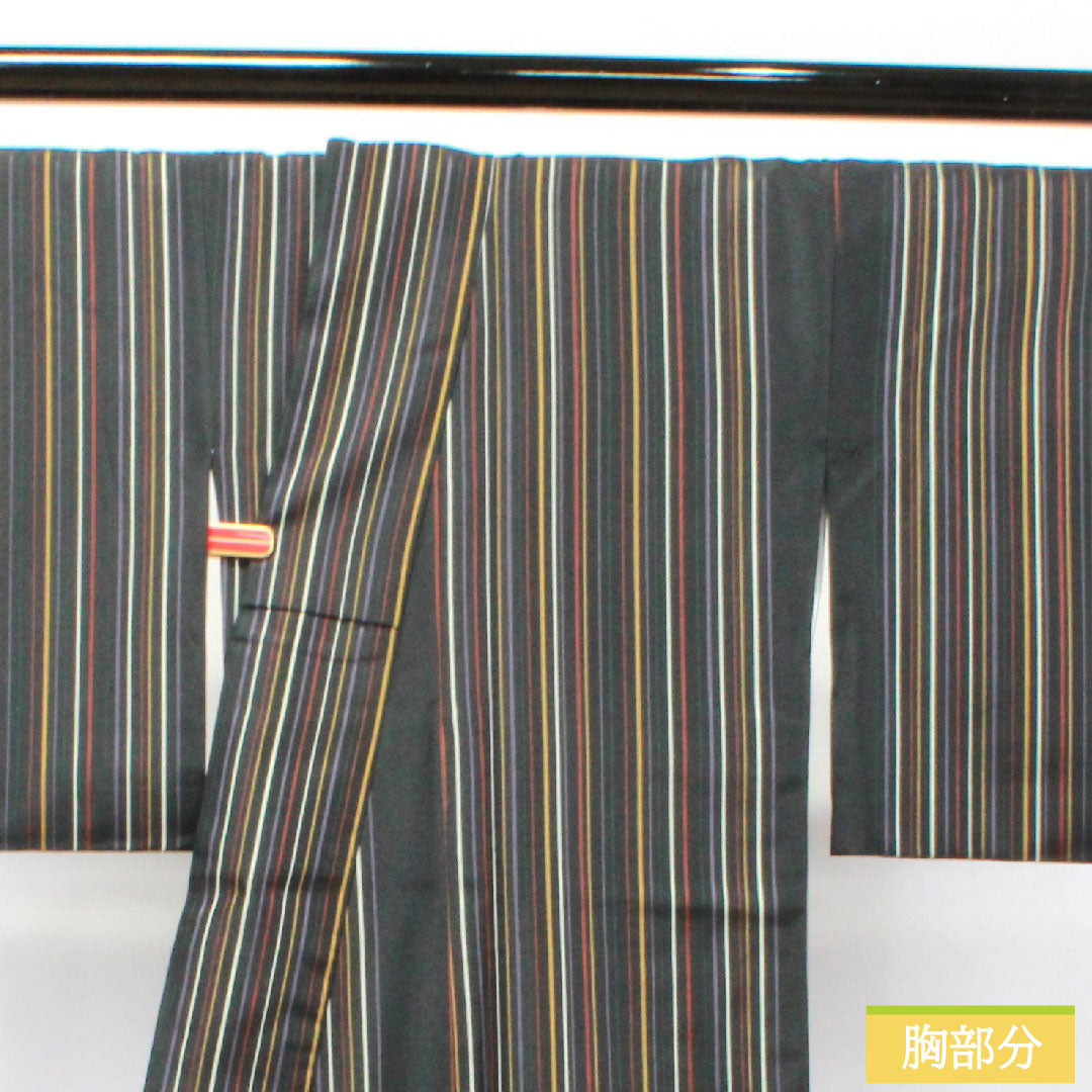 小紋 ポリエステル 身丈164.5cm 裄丈65cm 袷  洗える着物 縞模様  Sランク 黒系 1115003952410