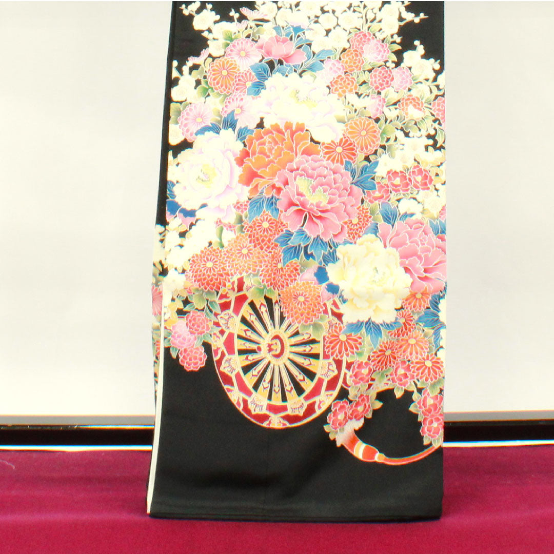 黒留袖 身丈165cm 裄丈62.5cm 袷 京友禅 花車 丸に五三桐 正絹 Sランク 五つ紋 黒系 1111000602510