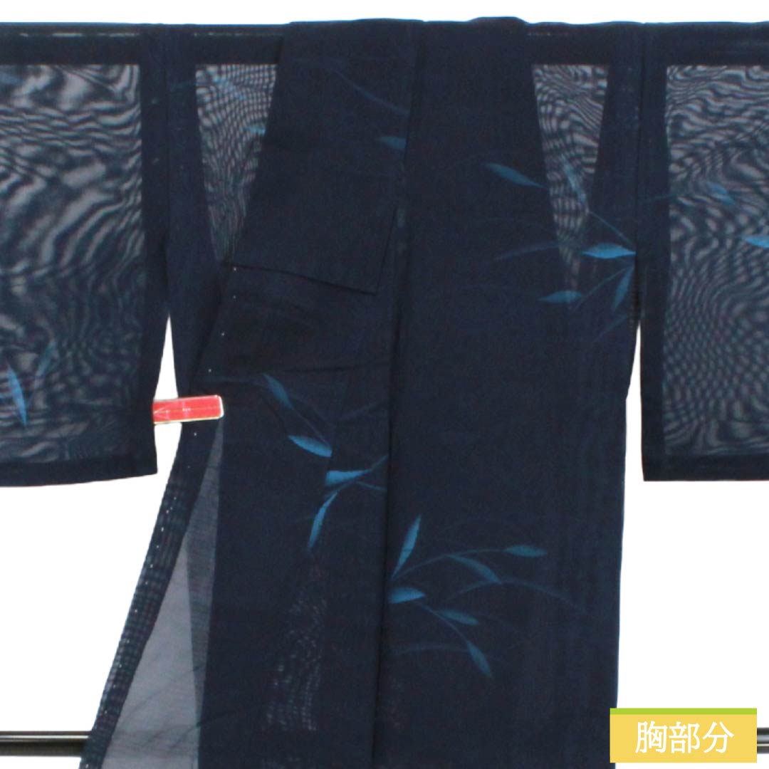 夏物 正絹 お召 Sランク 身丈158cm 裄丈62cm 紺色（こんいろ） 露芝 草花模様 紗 紺系 1132004282318