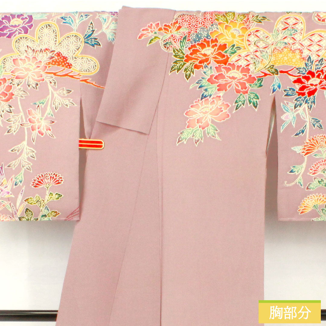 Homongi, pure silk, lined, length 164cm, sleeve length 63cm, grape color (shrimp color), Kyoto Bingata, floral pattern, A rank, purple, 1112005263420