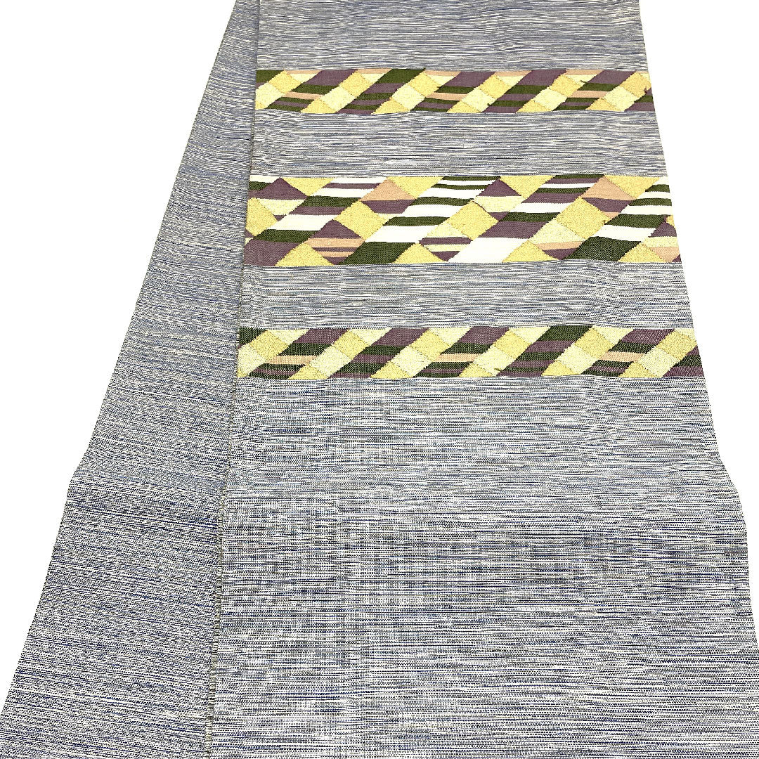 袋帯 横段 幾何学模様 帯丈454cm 正絹 Sランク ポイント柄 カジュアル 青系 1123003872417