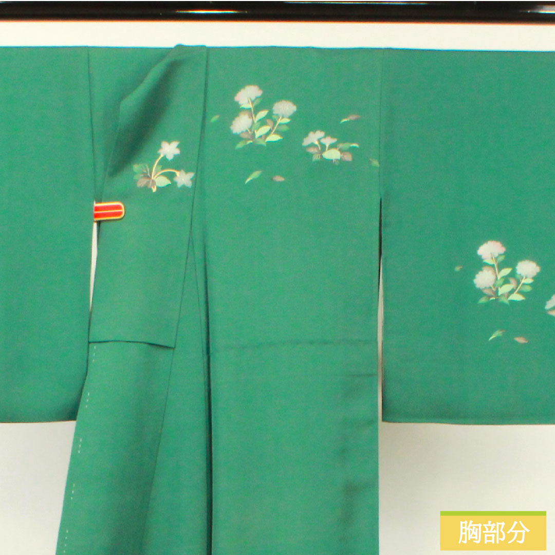 Homongi, pure silk, lined, length 166cm, sleeve length 66cm, Satsuma Nandouiro, Kyo-Yuzen, floral pattern, A rank, green, 1112004243519