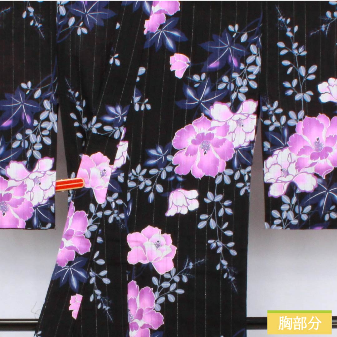 Cotton Yukata, Length 161.5cm, Sleeve Length 65cm, S Rank, Single Layer, Black, Vertical Silk, Floral Design with Silver Thread, Product Number: 1118006662410