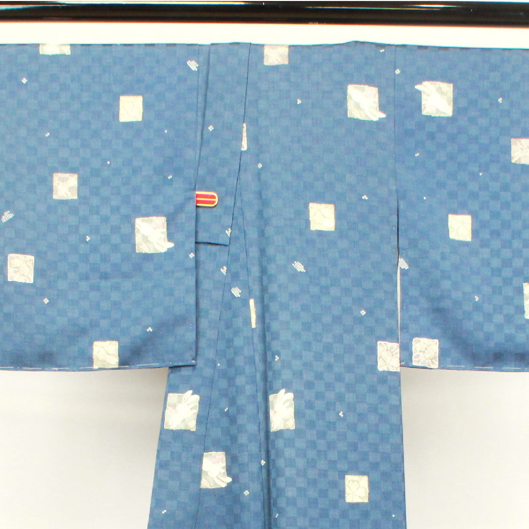 小紋 身丈158.5cm 裄丈62.5cm 袷  裏色 洗える着物 市松 うさぎ 桜  ポリ Sランク 青系 1115003232317