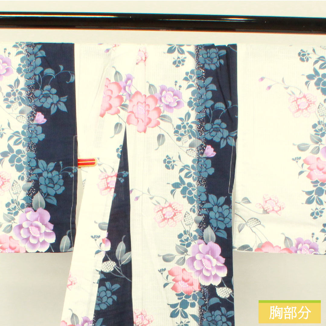 浴衣 木綿 身丈166cm 裄丈67cm Sランク 単衣 白系 竪絽（たてろ） 芍薬 1118004752511