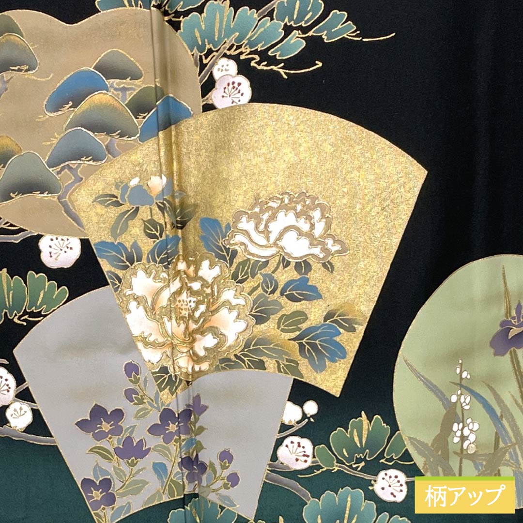 黒留袖 正絹 Aランク 身丈154.5cm 裄丈64.5cm 袷 京友禅 梅 松 吉祥文様 五つ紋 九枚笹 比翼付き 五つ紋 黒系 1111002403210