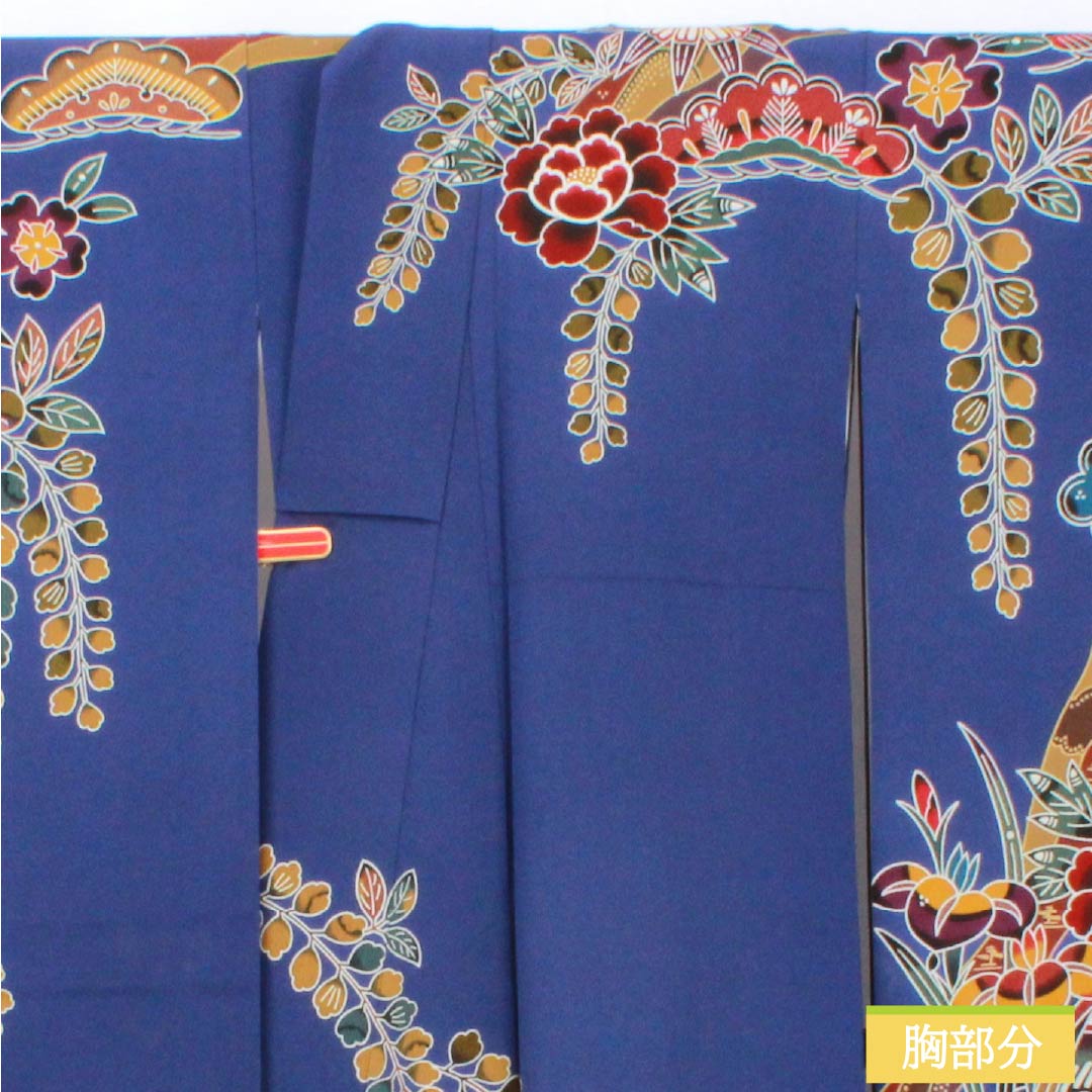 Kimono (Furisode) - Silk - Rank A - Length 170.5cm - Sleeve to neck 67cm - Lined - Bluish purple - Kyo-Bingata - Auspicious patterns - Pine, bamboo, plum blossoms, peonies, wisteria - Blue family - 1113002683617