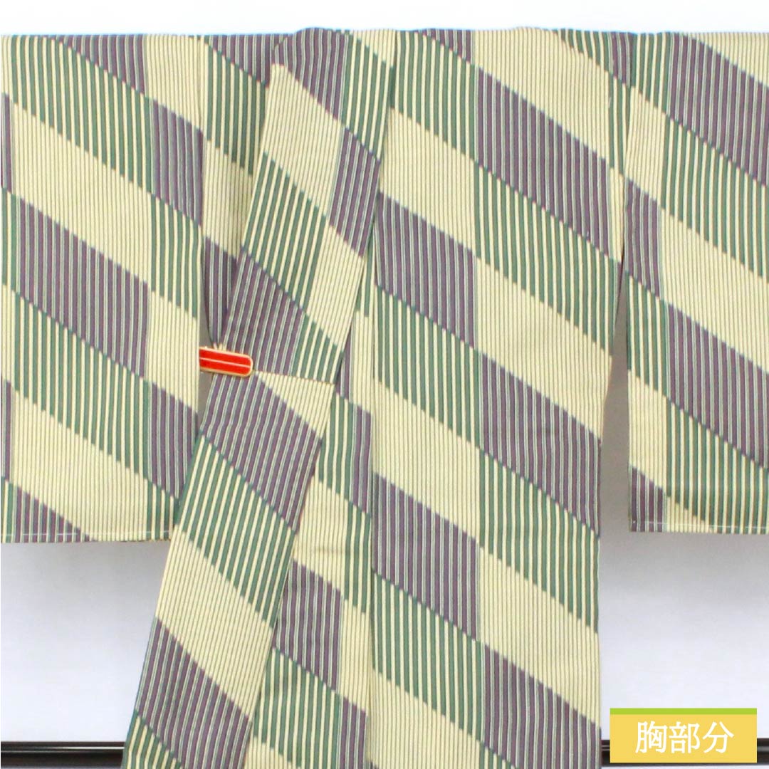 Polyester Komon, Rank S, Length 161cm, Sleeve-to-shoulder 65.5cm, Unlined, Light Yellow Ochre, Stenciled, Stripes, Diagonal Ichimatsu, Washable Kimono, Yellow-based, 1115008012423